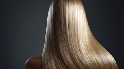 Naklejka premium Long, silky blonde hair elegantly cascading down a model's back against a dark background