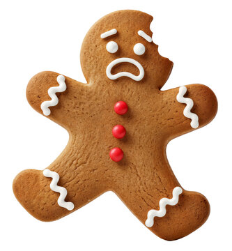 a funny gingerbread man with a scared face and a bite taken out of his head