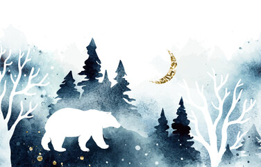 Winter watercolor foggy vector landscape with isolated bear, trees, moon. Christmas magic illustration for postcard, poster, book, banner, card, flyer with place for text