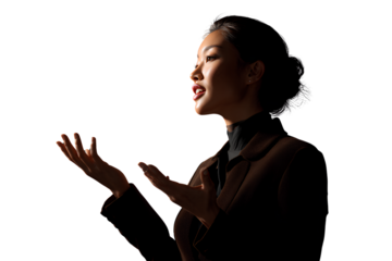 Biracial Asian Businesswoman Gesturing While Speaking, Mid-Shot, Isolated on Transparent Background