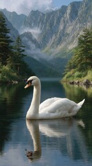 White swan swimming on a serene mountain lake bird
