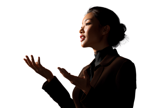 Biracial Asian Businesswoman Gesturing While Speaking, Mid-Shot, Isolated on Transparent Background