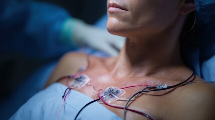 Close up patient chest with ECG electrode medical monitoring hospital surgery preparation healthcare adult woman sterile environment calm clinical professional care