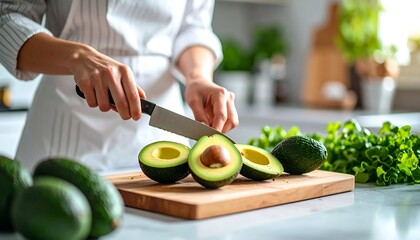 Chef slicing fresh avocado halves on wooden cutting board in bright kitchen.