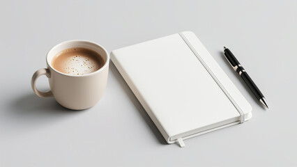 Top-down view of light-colored cup with frothy coffee, white hardcover notebook, and black pen on light gray background, soft lighting, high detail