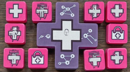 A collection of square, pink and purple  pieces, adorned with medical cross symbols, technology icons, and grunge-style designs.