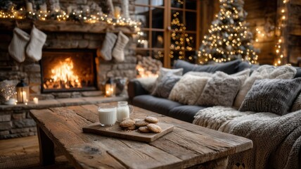 Cozy Christmas Interior with Fireplace and Festive Decorations