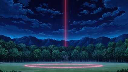 Night scene, glowing red beam, forest, mountains