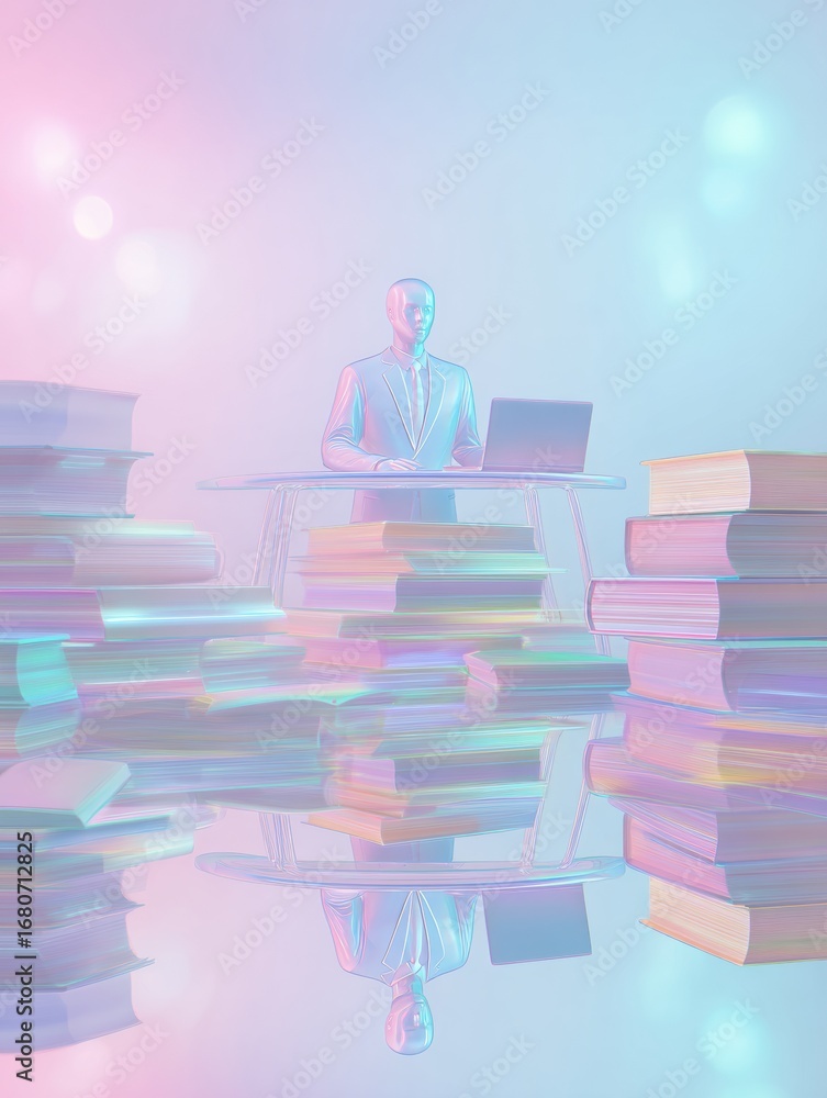 Poster digital workspace featuring a translucent figure at a computer surrounded by colorful stacks of book
