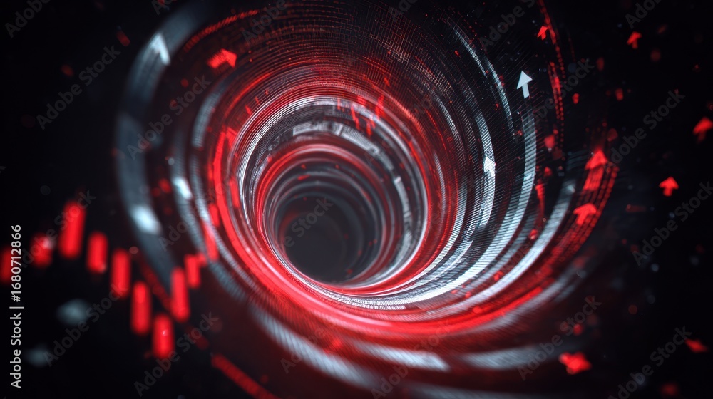 Poster abstract digital vortex swirling red and white lines dynamic motion financial chart elements glowing