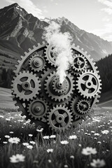 Black and white photorealistic circular gear formations with smoke, set among white flowers and mountains, detailed textures under natural light