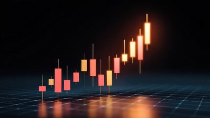 Abstract candlestick graph rising over modern grid background, glowing bars and lines represent financial growth, investment, and positive market trend, futuristic and dynamic mood