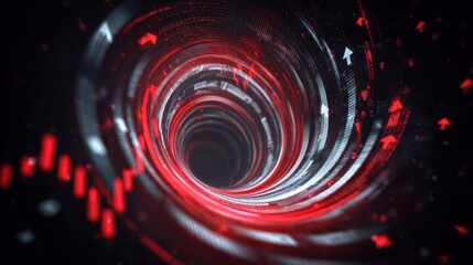 Abstract digital vortex swirling red and white lines dynamic motion financial chart elements glowing arrows futuristic energy intense technology finance data concept