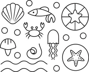 Various sea creatures, including fish, jellyfish, starfish, crab, and shells, swimming in the ocean, a vibrant underwater world