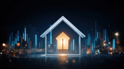 Glowing house icon upward arrow abstract economy background blue light futuristic cityscape financial growth real estate investment digital technology night scene