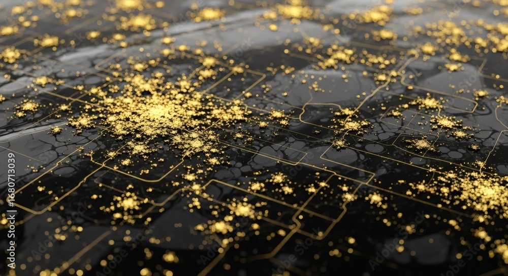 Canvas Prints abstract digital art with glowing gold particles on a black textured surface