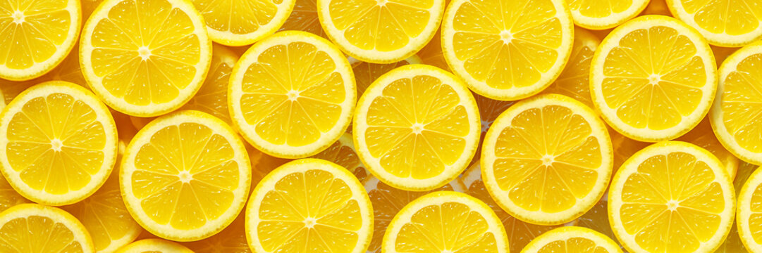 A vibrant full frame background of fresh lemon slices with juicy texture, a bright and refreshing high resolution citrus image.
