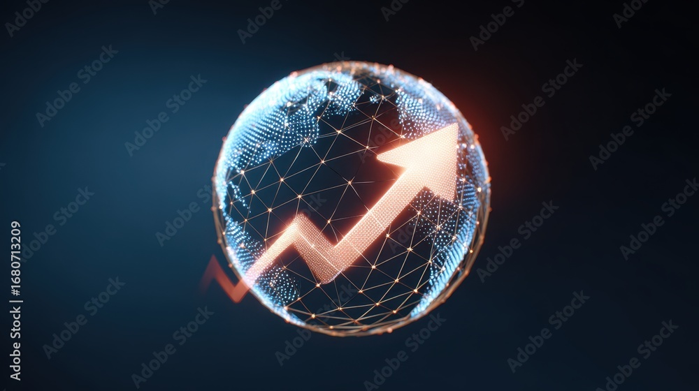 Poster abstract wireframe globe upward arrow digital growth global business technology futuristic data netw