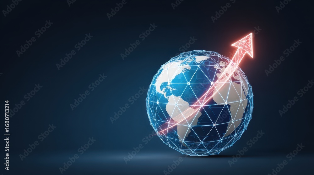 Poster abstract wireframe globe with upward arrow symbolizing global growth progress success and innovation