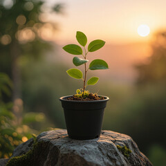 Photorealistic small green plant in black pot on rock with warm sunset background and blurred greenery