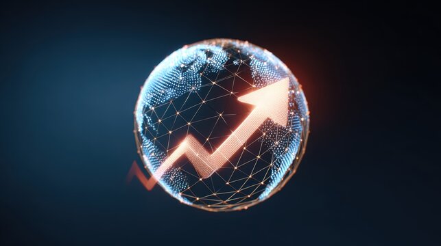 Abstract wireframe globe upward arrow digital growth global business technology futuristic data network finance innovation. image conveys progress and success