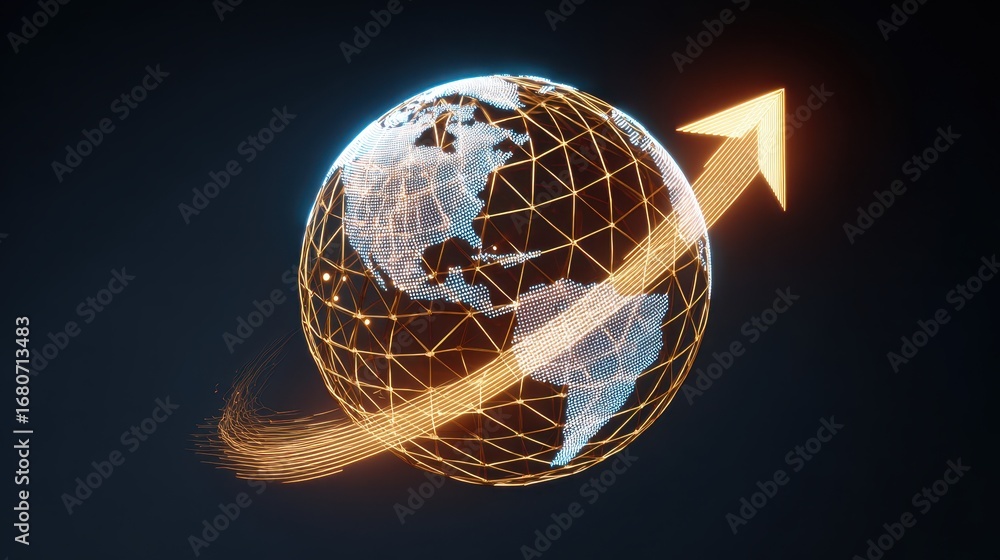 Poster abstract wireframe globe with upward arrow digital world map glowing lines futuristic technology glo