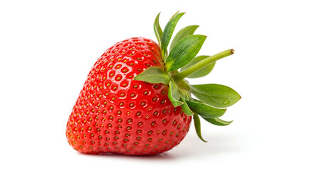 Close-up of ripe red strawberry with green leaves on white background.