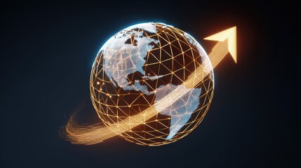 Abstract wireframe globe with upward arrow digital world map glowing lines futuristic technology global growth innovation progress success optimism dark background