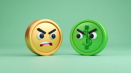 Angry coin happy dollar cartoon style green background emotional expression finance argument 3D illustration money competition playful isolated