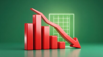 Red bar chart declining arrow financial loss economic downturn negative trend business crisis green background 3D illustration data analysis recession