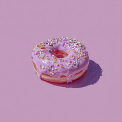 Purple glazed donut with sprinkles on a pink background, cast shadow