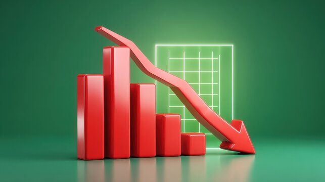 Red bar chart declining arrow financial loss economic downturn negative trend business crisis green background 3D illustration data analysis recession