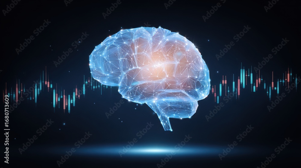 Poster digital brain glowing data stream finance chart neural network technology artificial intelligence fu