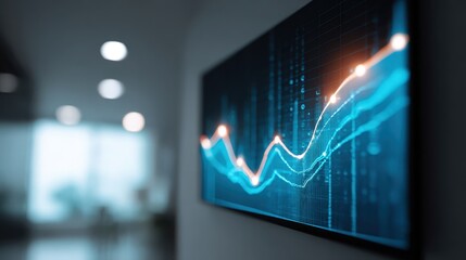 Brightly lit financial graph curved screen modern office blue glowing line data analysis technology futuristic business statistics digital display