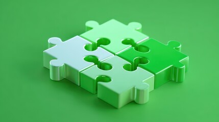 Four glossy green puzzle pieces connecting together, symbolizing teamwork, business investment, and collaboration, on vibrant green background, creating harmonious and unified concept