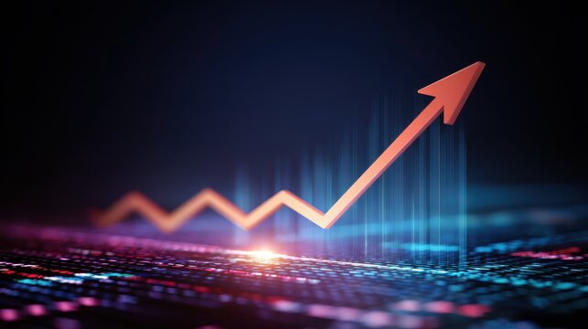 Rising arrow business analytics dashboard financial growth digital chart data visualization economic success futuristic glowing upward trend technology
