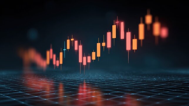 Candlestick graph neon digital grid futuristic finance glowing technology abstract data investment. Candlestick graph over neon digital grid futuristic finance concept with glowing lines
