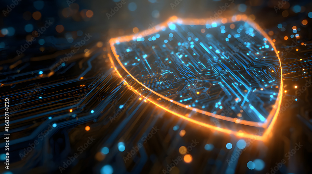Poster cybersecurity shield: a digital shield glows with virant blue and orange hues,symbolizing robust pro