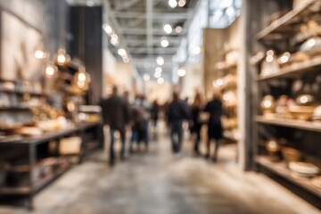 Obraz premium Blurred interior of a trade show, showcasing diverse products and attendees