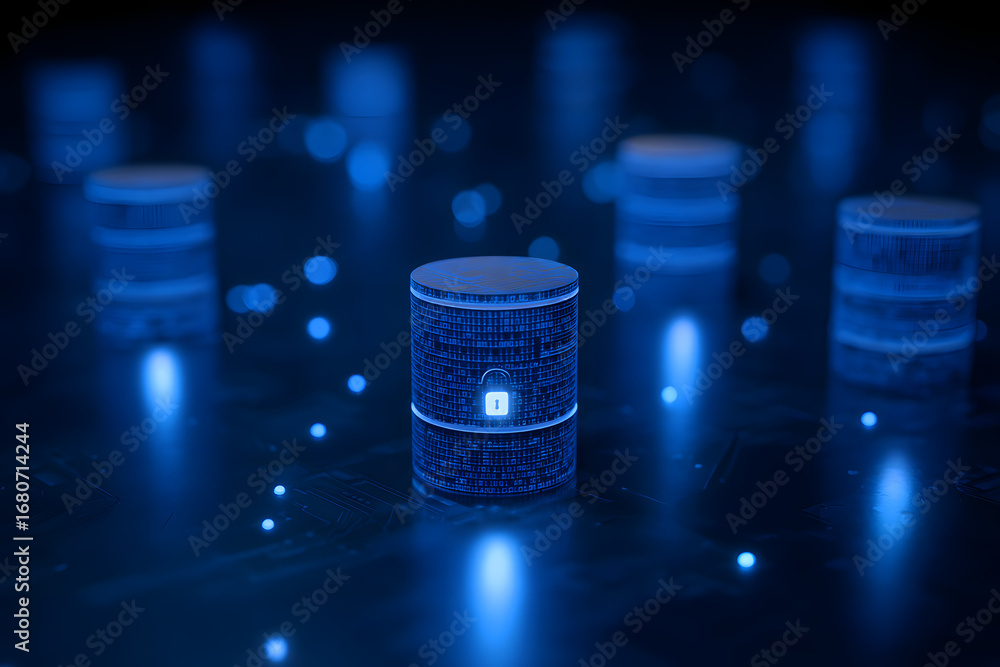 Poster cyber security, data protection, cyberattacks concep on blue background. databse security software d