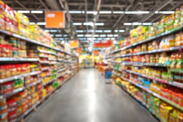 Blurred supermarket aisle filled with food products
