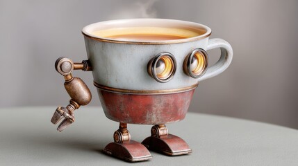 Whimsical robot coffee cup with metallic arms and legs, featuring expressive eyes, steam rising from warm beverage, showcasing a playful blend of functionality and creativity in a cozy setting