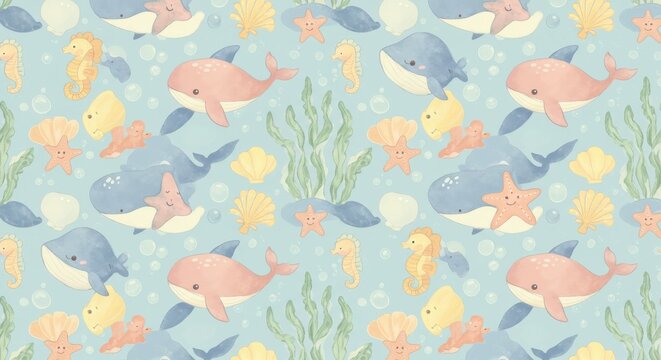 Whimsical Underwater Pattern: Whales Seahorses Starfish and Bubbles.