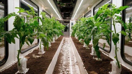 Vertical farm interior, showcasing tomato plants.