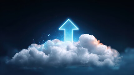 Cloud arrow data technology digital growth sky blue futuristic upward. Cloud with glowing upward arrow symbolizes digital growth technology advancement and data progress in futuristic blue sky