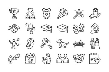 Celebrations And Life Milestones Vector Icon Sheet For Parties Events Wedding Birthday Graduation Holidays  