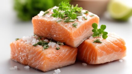 Fresh salmon fillets seasoned with herbs and sea salt, stacked on a light gray surface.