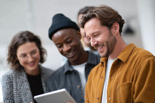 Smiling diverse team collaborates using a tablet. Represents teamwork, innovation, and shared success. Ideal for business, tech, or education concepts.