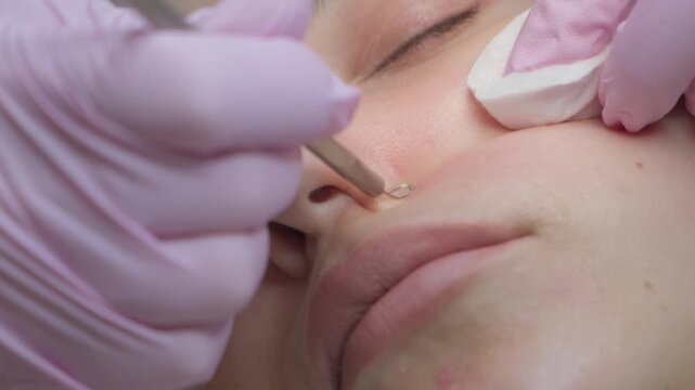 Beautician wearing gloves removes pimples from patient's nose using metal tool in professional beauty clinic. Face cleaning, skin care.