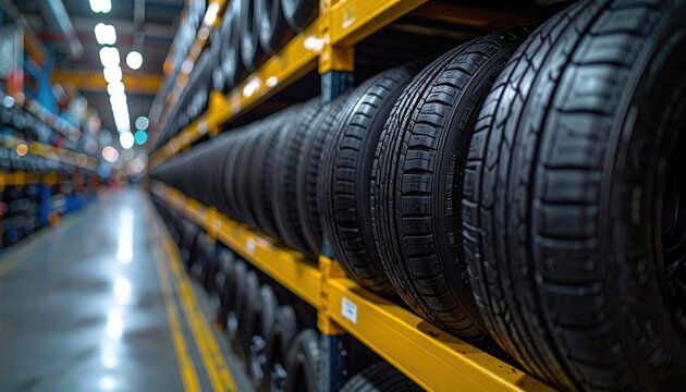 Automotive tire storage warehouse representing industry logistics safety and reliability symbolizing production distribution and essential role of transport infrastructure worldwide